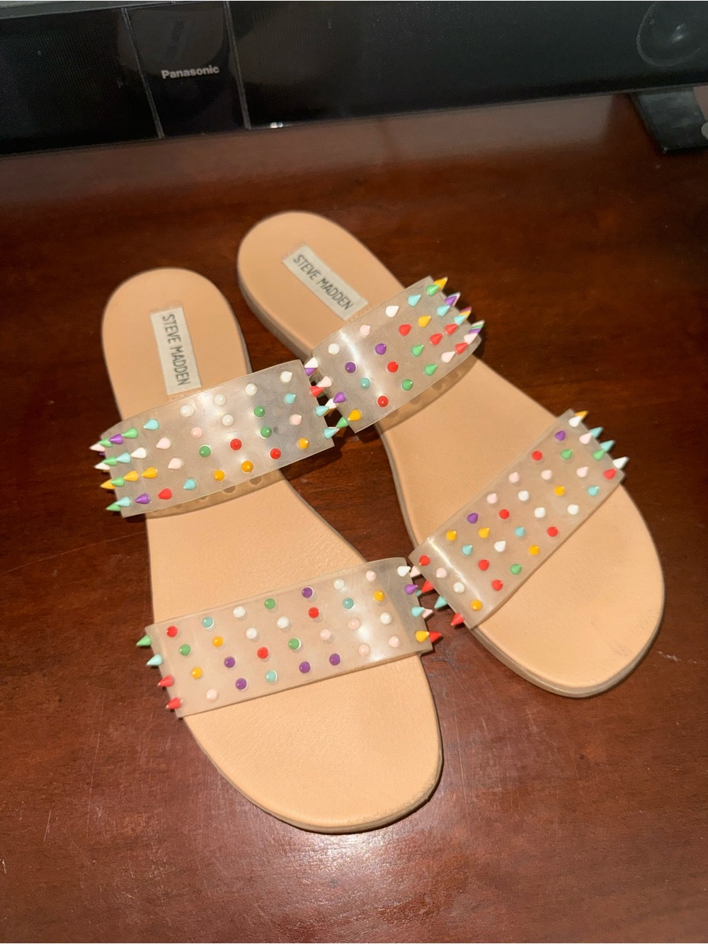 Steve Madden Nude Slide Sandals with Multicolor Spike Studs